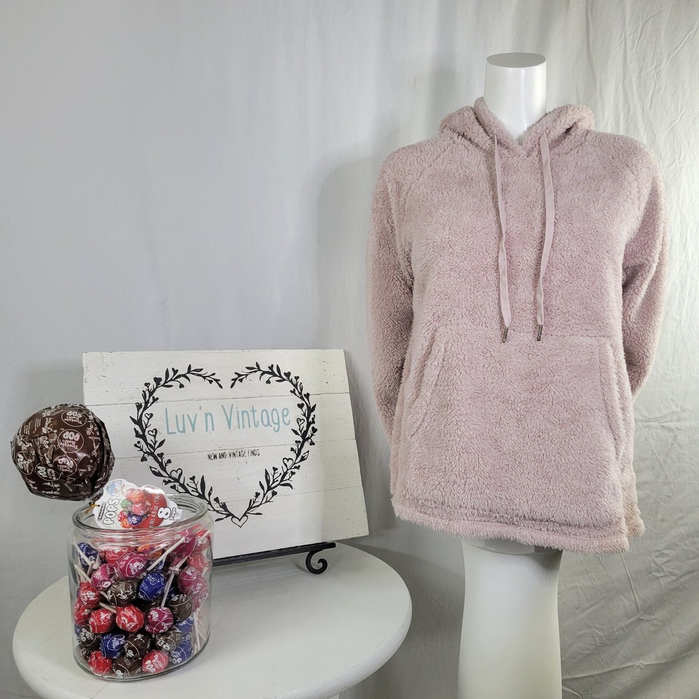 Gibson Womens Pink Plush Fleece Hoodie Fuzzy Pullover Kangaroo Pocket Small